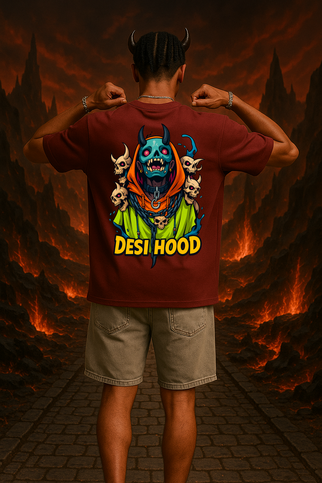 Desi Hood Unisex Demon Printed Heavy Fabric Oversize T-shirt