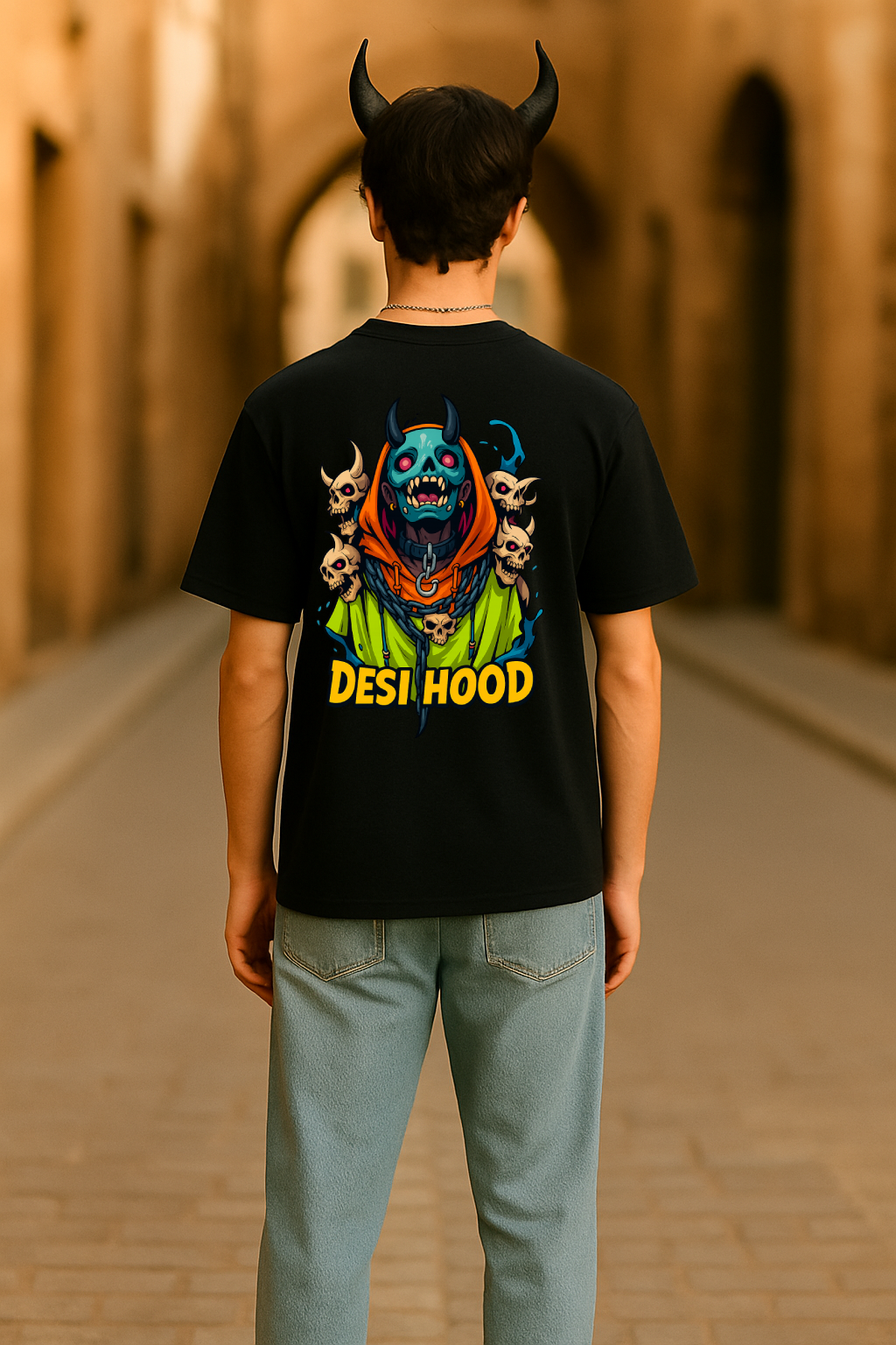 Desi Hood Unisex Demon Printed Heavy Fabric Oversize T-shirt