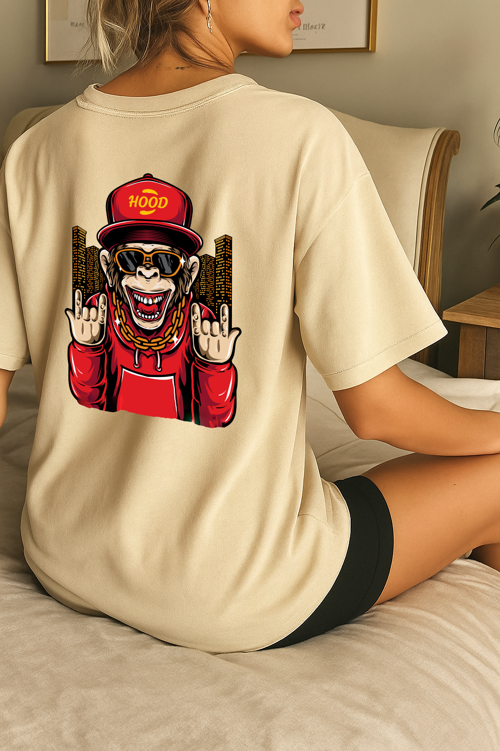 Desi Hood Unisex Monkey Printed Heavy Fabric Oversized T-shirt