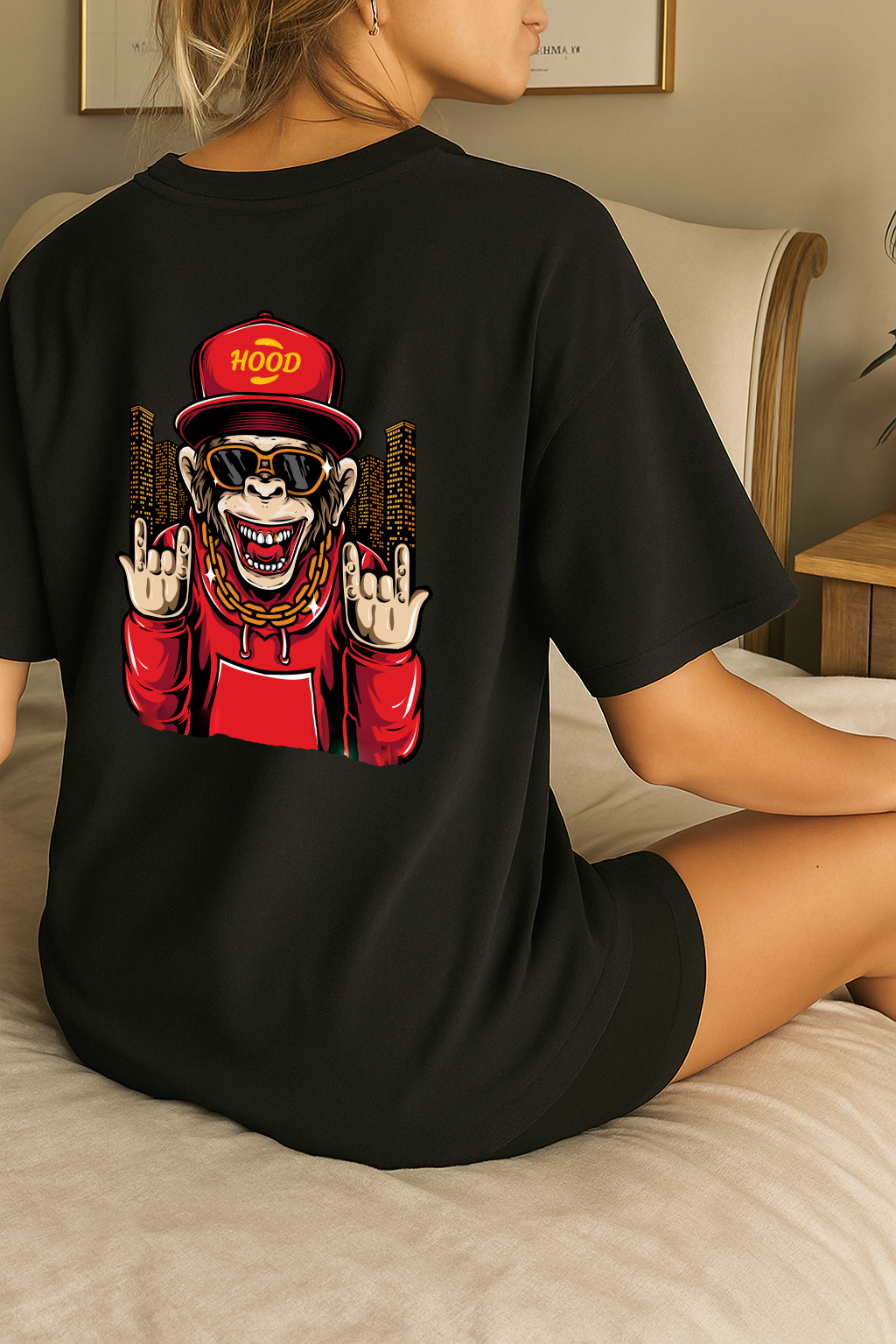 Desi Hood Unisex Monkey Printed Heavy Fabric Oversized T-shirt