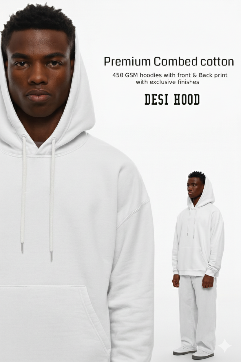 Desi Hood Pure Cotton 450 GSM Unisex White Hoodie For Men & Women