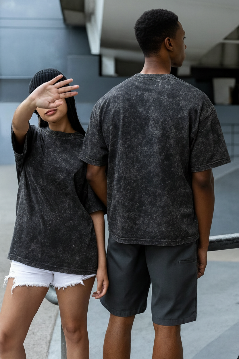 DESI HOOD SOLID UNISEX ACID WASH 240 GSM HEAVY FABRIC HALF SLEEVE OVERSIZE TSHIRT