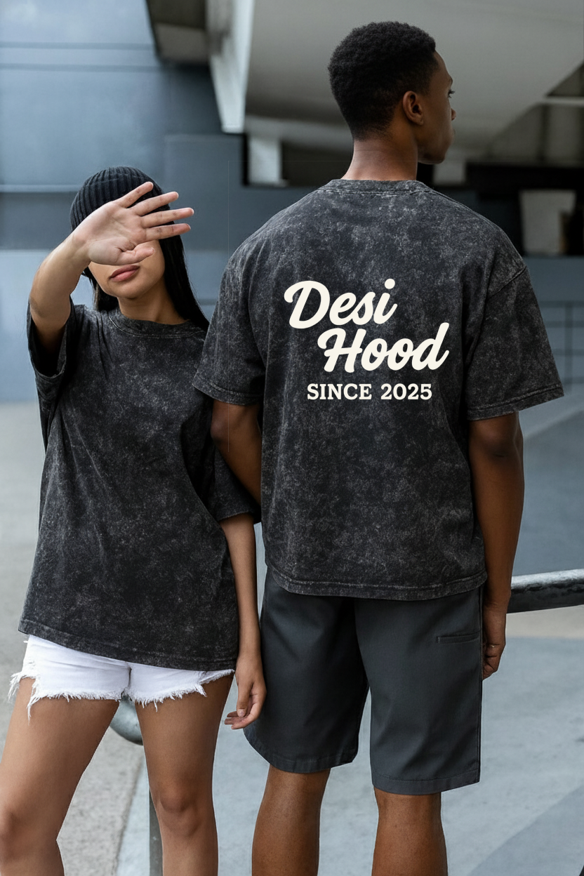 DESI HOOD SOLID UNISEX ACID WASH 240 GSM HEAVY FABRIC HALF SLEEVE OVERSIZE PRINTEDTSHIRT